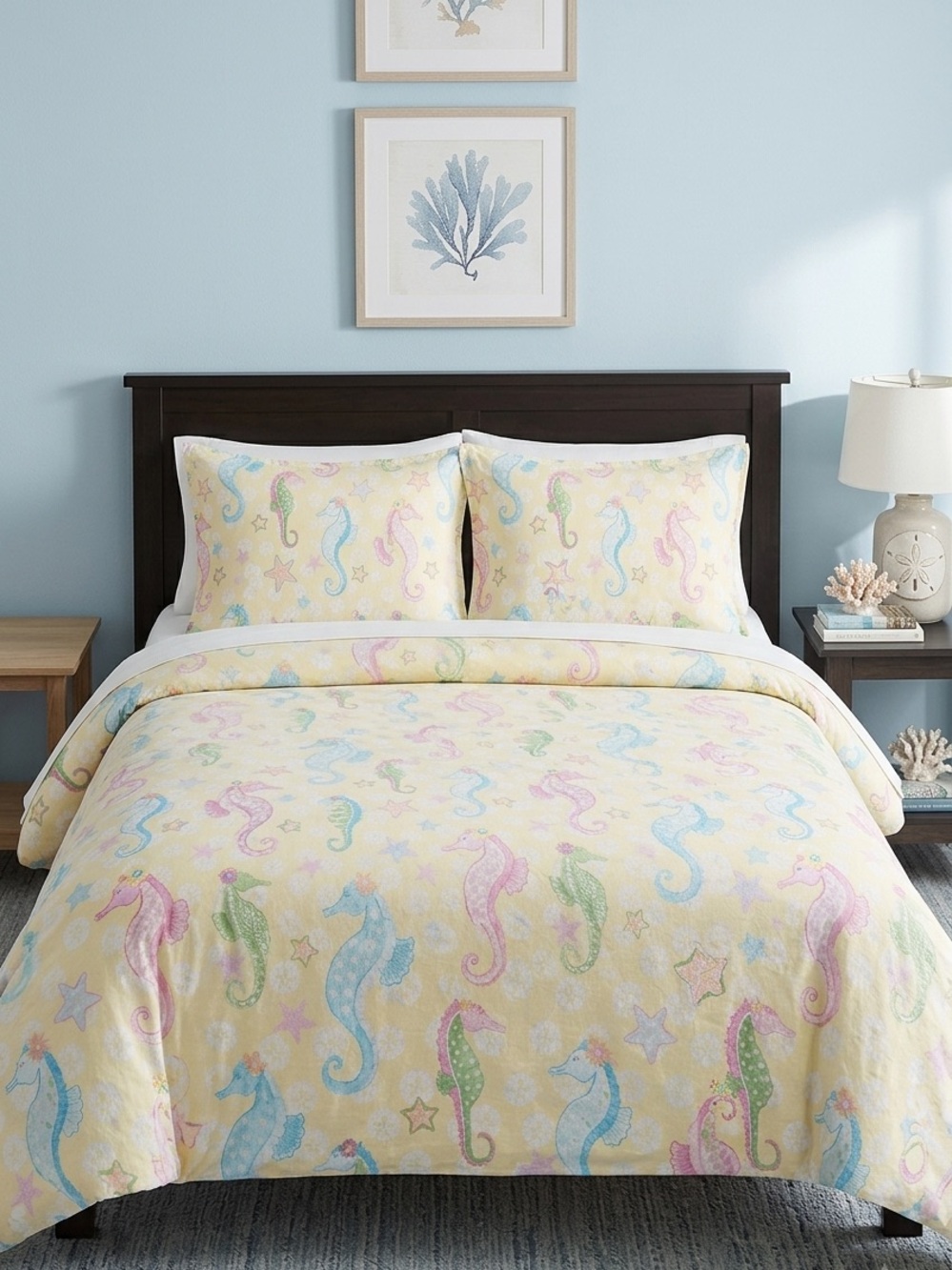 Pottery Barn Kids FULL Seahorse Yellow 100% Cotton Duvet Cover and Two Shams